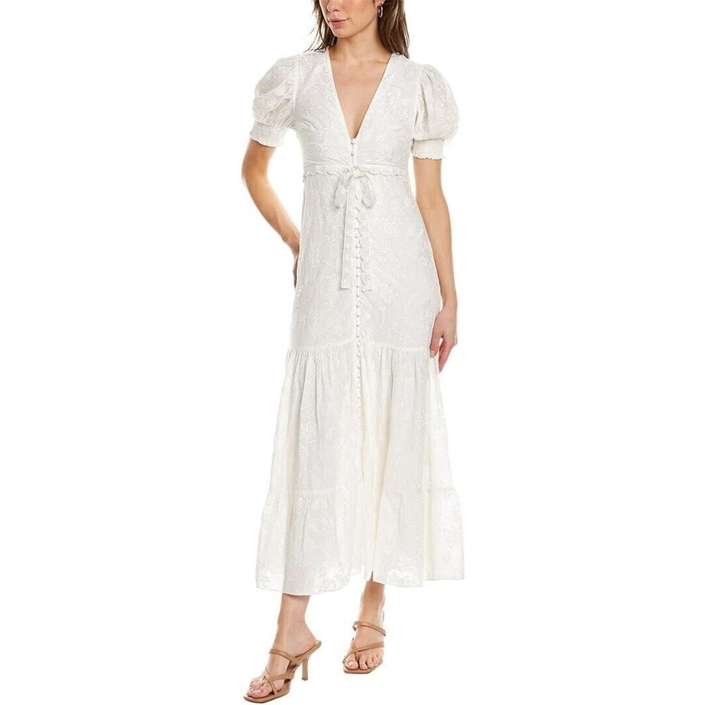 NWT Alice + Olivia Women's Off White Embroidered Puff Sleeve Stori Midi Dress 4